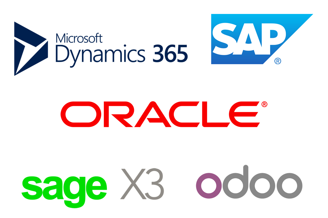 Microsoft Dynamics 365 logo, SAP logo, Oracle logo, Sage X3 logo, Odoo logo